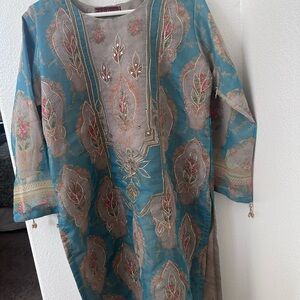 Turquoise Embroidered Tunic with Metallic Accents. Pakistani dress . Wear once